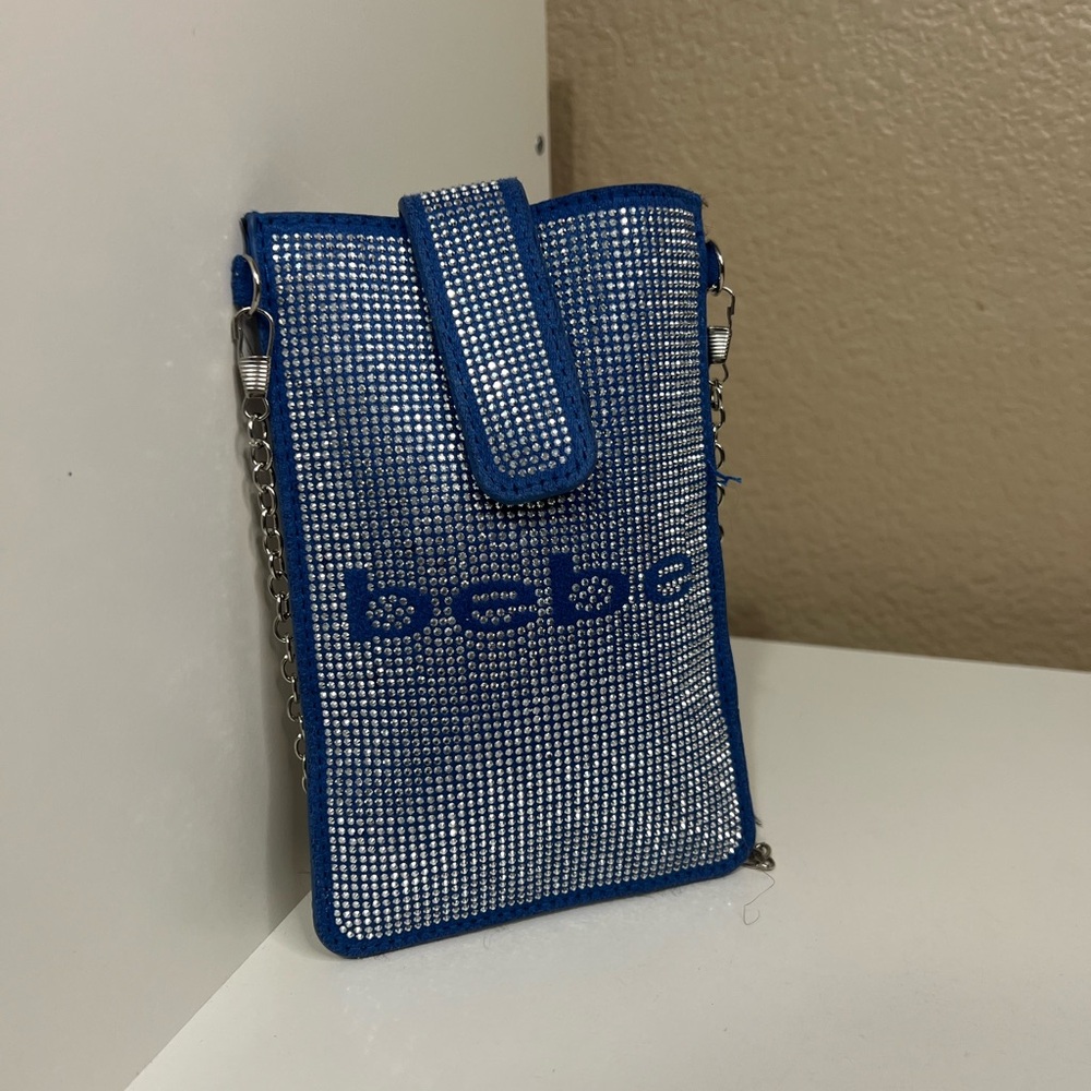 Bebe Rhinestone Phone Crossbody Bag Blue Sparkly Mini Purse